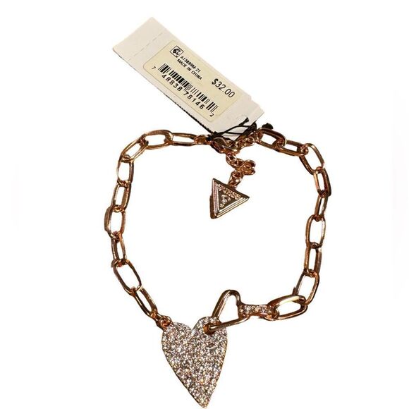 Guess Pave Heart Paperclip Link Chain Bracelet rose gold - Picture 2 of 2